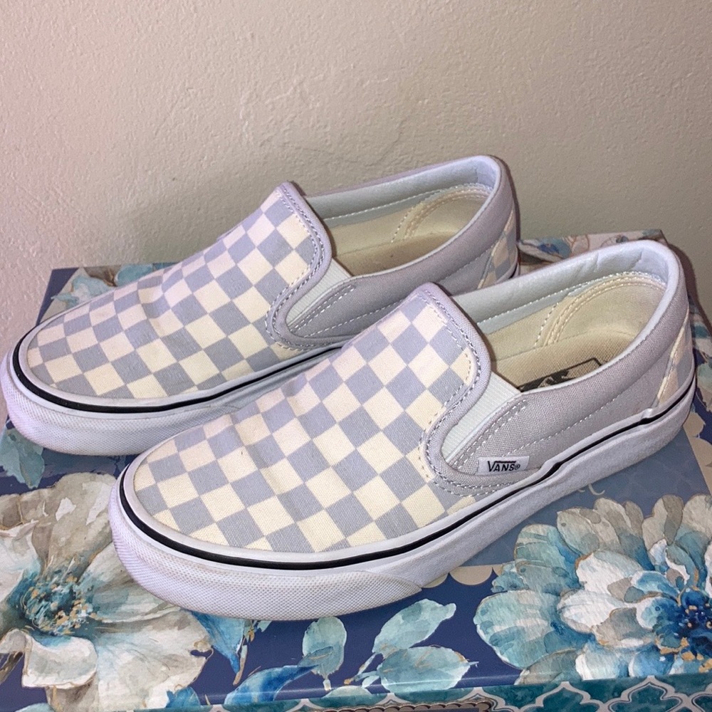 Baby blue / grey Slip on Checkered Vans